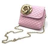 Elesa Miracle Kids Girl Quilted Leather Crossbody Handbag Purse, Chain Bag Little Girl Metal Chain Strap Bag (Pink with Gold Flower)