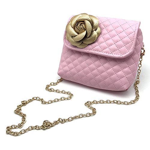 Elesa Miracle Kids Girl Quilted Leather Crossbody Handbag Purse, Chain Bag Little Girl Metal Chain Strap Bag (Pink with Gold Flower)