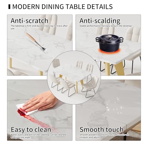 63-Inch Modern Dining Table Set with Faux Marble Wood Top and Leather Chair, Solid Wood Legs, 5-Piece Dining Room Furniture Set with Kitchen Or Furniture (Table + 4 White Chairs)