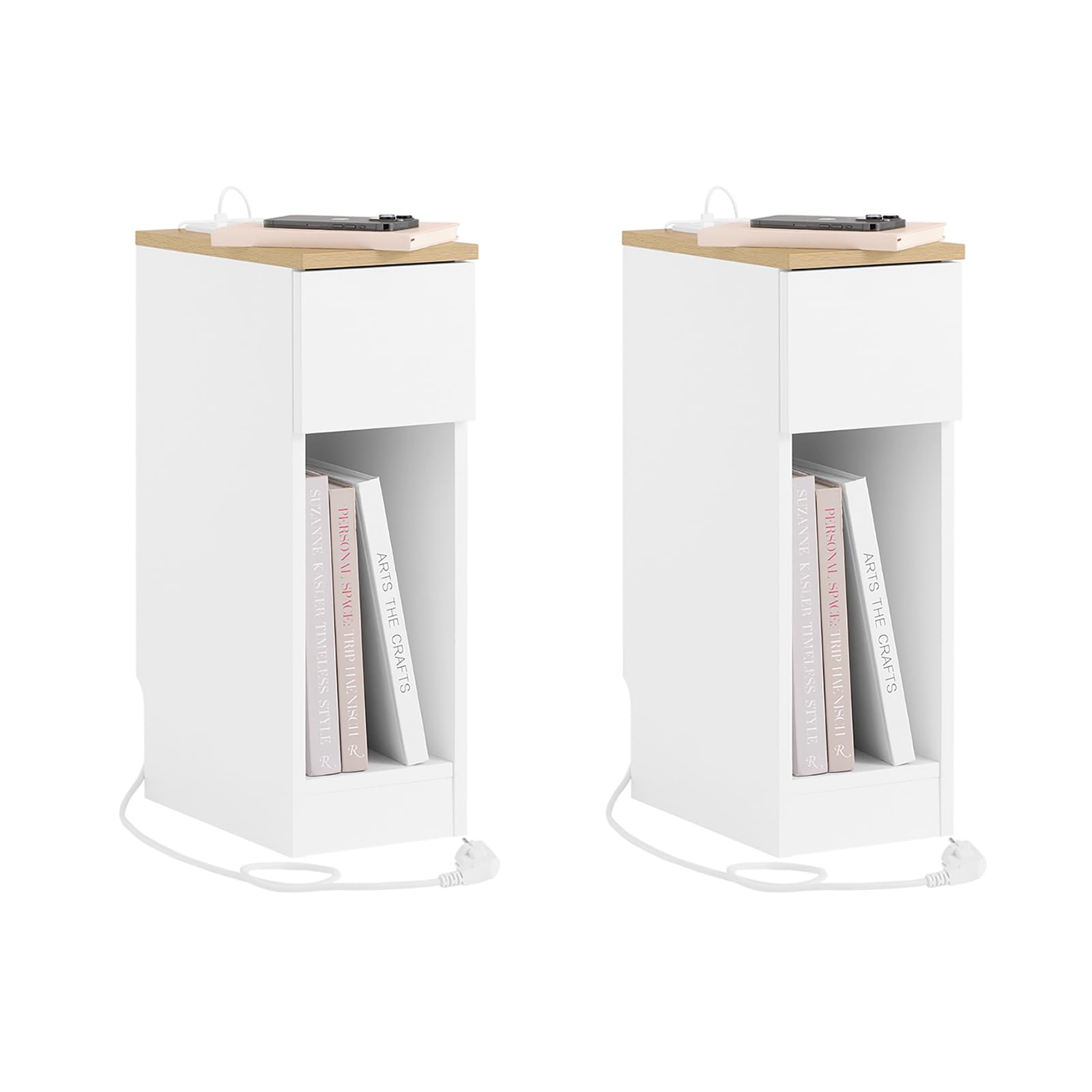 SoBuy Set da 2 comodini camera da letto stretti con ricarica USB & Type-C, tavolino da letto con incavo battiscopa, mobile salvaspazio per piccoli ambienti, bianco 20x35x60 cm FBT111-E-WNx2