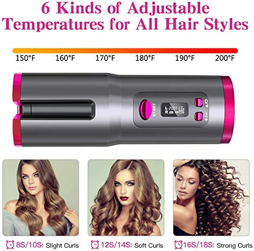 AMZGIRL Cordless Auto Curler, Automatic Curling Iron, Rechargeable Auto Ceramic Barrel Hair Waves Curler with 6 Temperature & Timer Settings, Auto Shut-Off Portable Curling Wand for Hair Styling (Pink)