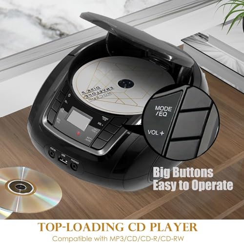 LONPOO CD Player Portable Boombox with FM Radio/USB/Bluetooth/AUX Input and Earphone Jack Output, Stereo Sound Speaker & Audio Player,Black by LONPOO - Image 3