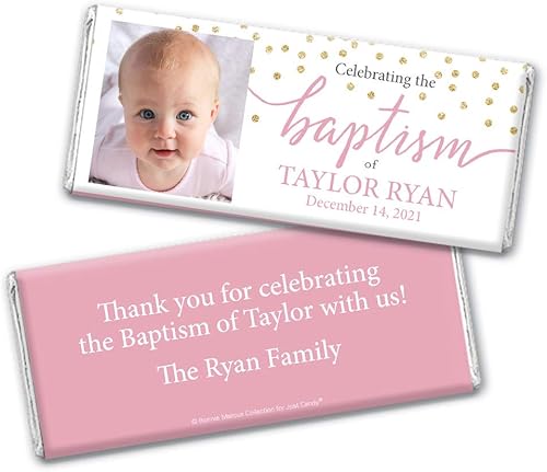 Envolturas personalizadas de dulces de bautismo de 25 quilates para barras de chocolate (paquete de 25) - Foto de niña