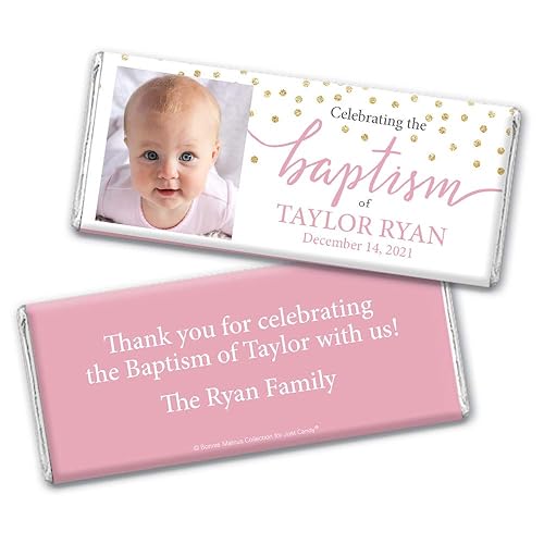 Miniatura 1 de Envolturas personalizadas de dulces de bautismo de 25 quilates para barras de chocolate (paquete de 25) - Foto de niña