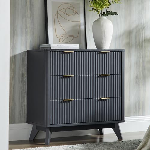 Image of T4TREAM Fluted 3 Drawer Dresser, 32 inch Tall Modern Chest of Drawers with Faux Marble Top, Curved Profile Design, Wood Drawer Organizer for Bedroom, Living Room, Hallway, Entryway, Dark Grey