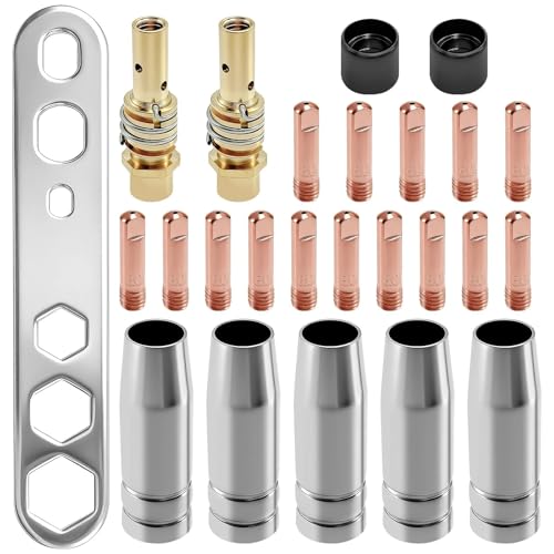 Brvozify 25 Piezas Accesorios Soldadura MIG MAG, Accesorios AK-15/MB-15, Consumibles de Máquina de Soldadura, 5xBoquillas de Gas, 15xBoquillas M6 0,8 mm, 2xMangos Boquilla, 2xAisladores, 1xLlave