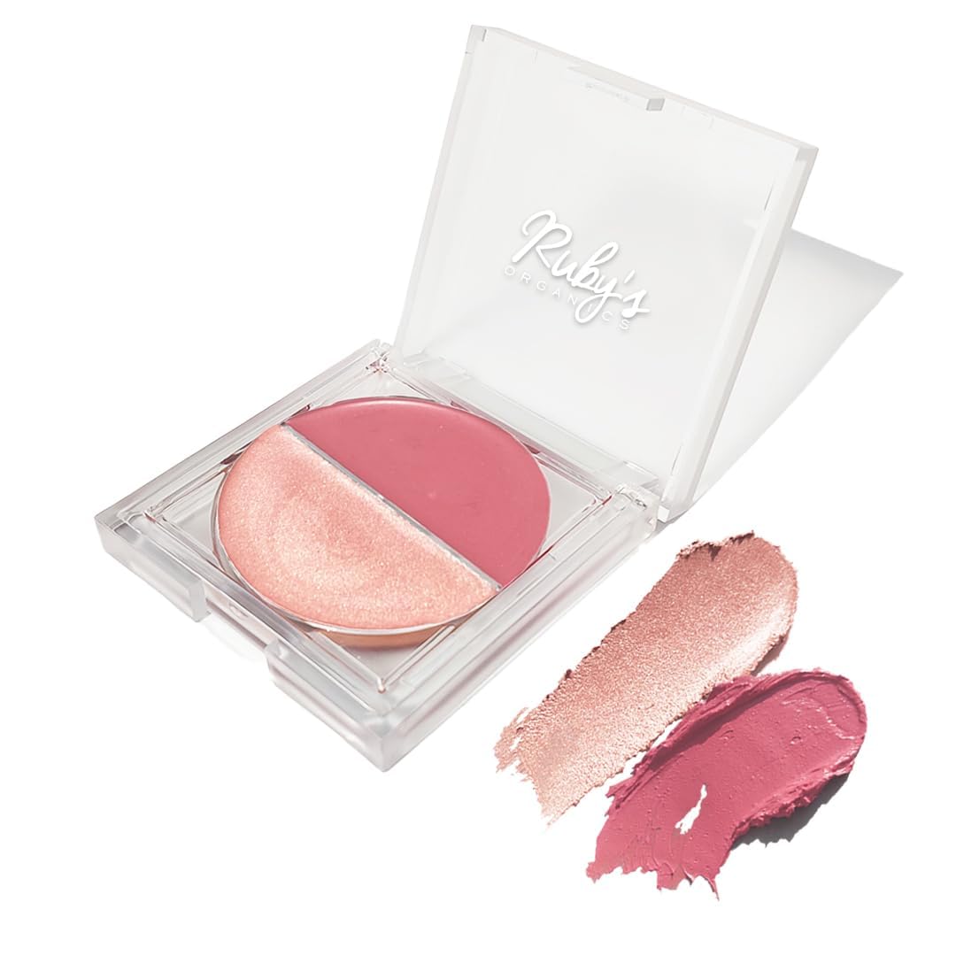 Ruby's Organics Blush for Cheeks Natural Cream, Highlighter Duo Palette, Lightweight Flawless All Day Glow, Suitable for Oily, Dry, Paraben Free - (Deep Rose + Illuminate) 9g
