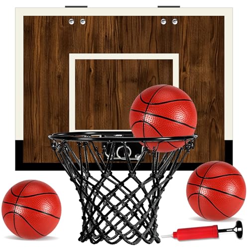 Laapee Indoor Basketball Hoop Mini Set – Wall Mount,Over The Door Dark Wood Backboard & Iron Rim, Anti-Shock Padding, 3 Balls & Air Pump, 16