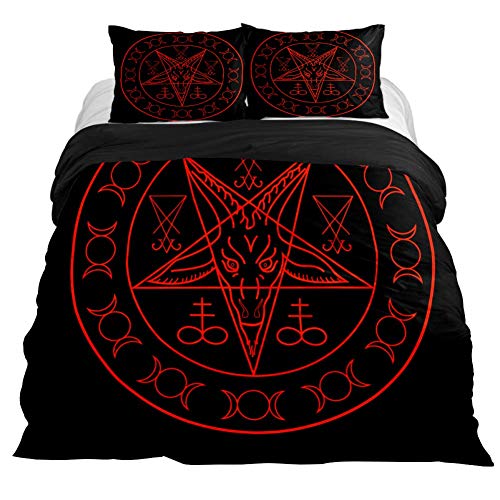 Baphomet and Lucifer Bedding 3 Piece Duvet Cover Set Queen Size,Comforter Cover with Zipper Closure, 4 Corner Ties