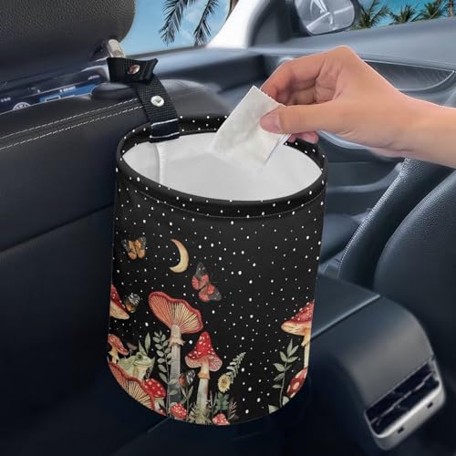 Image of Mushroom Moon Automotive Trash Bin Trash Bag for Cars Hanging Headrest for Back Seat Collapsible Reusable Waterproof Car Organizer
