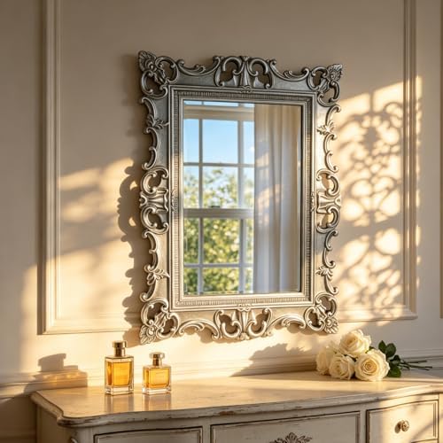 Vintage Baroque Silver Wall Mirror, Ornate 3D Embossed Carved Fra...