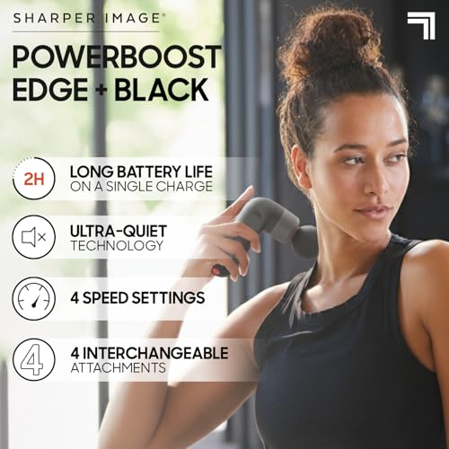 Sharper Image Power Percussion Move Edge Portable Lite - Muscle Massage Gun, Percussion Massager with 4 Speeds, 4 Attachments, USB-C Rechargeable - Portable Deep Tissue Massager for Muscles, Black