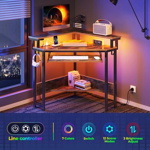Rolanstar Corner Desk, 44.5" W x 34.5" H Small Computer Desk with Power Outlets, Gaming Desk with LED Lights, Triangle Corner Desk with Keyboard Tray & Monitor Stand for Small Space, Rustic Brown
