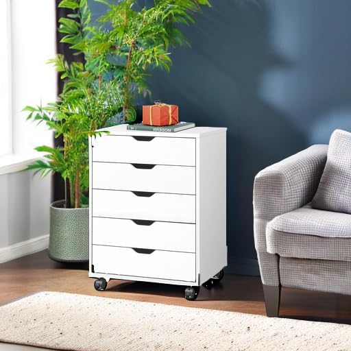 DEVAISE 5-Drawer Chest, Wood Storage file Cabinet with Wheels, White White 18.7" W x 15.7" D x 25.5" H image 5 of 9 B07SLJJH72