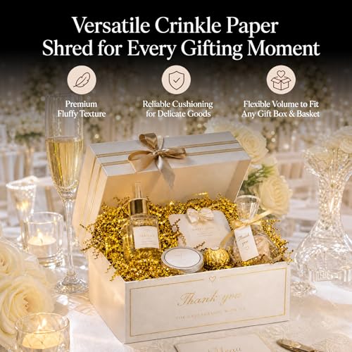 VAKAFFIA 10oz Crinkle Cut Paper Filler Shreds for Gift Baskets, Confetti Shredded Paper Stuffing Grass Basket Stuffers for Bag, Bridesmaid Proposal Box, Packing, Party Favors Craft Decor Gold — view 2