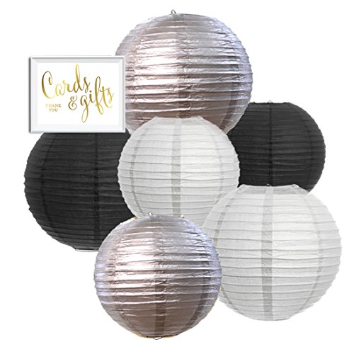 Andaz Press Hanging Paper Lantern Party Decor Trio Kit with Gold Party Sign, White, Black, Silver, 6-Pack, for New Year's 2021 2022 2023 Decorations