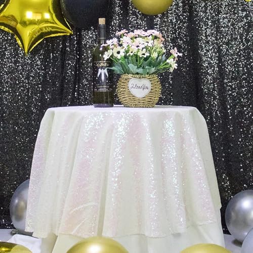 HMQIANG Iridescent Sequin Tablecloth Round 90" Sparkly Iridescent Drape Table Cloth Sequin Fabric Table Cover for Wedding Birthdays Party Baby Shower