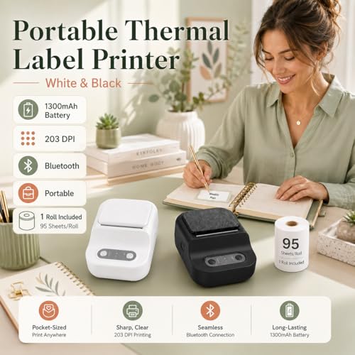 Image of Label Printer, Desktop Portable Printer, inkless Thermal Compact Printer, Connects to Smartphones and Computers, can Apply Quick-Adhesive Labels, Suitable for Homes, Offices, Factories. (Black)