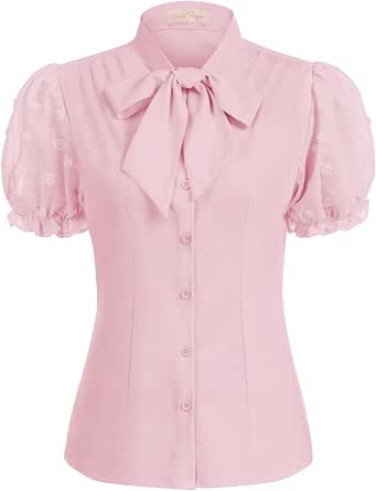 Belle Poque Women's Mesh Puff Sleeves Blouses with Bow Tie - Vintage Style
