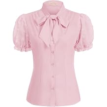 Belle Poque Womens Mesh Puff Sleeves Blouses Vintage Bow Tie Business Tops