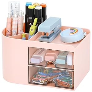 LETURE Desk Organizer Office Supplies Caddy with Pencil Holder and Drawer for Desktop Accessories, Business Card/Pen/Pencil/Mobile Phone/Stationery Holder Storage Box (Pink)