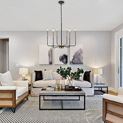 Zchaoz Modern Farmhouse Chandelier For Dining Room, 6 Lights Chandelier Light Fixture Adjustable Height, Black And Gold Hanging Candle Pendant Lighting For Kitchen Island Living Room Bedroom Foyer #TOP1
