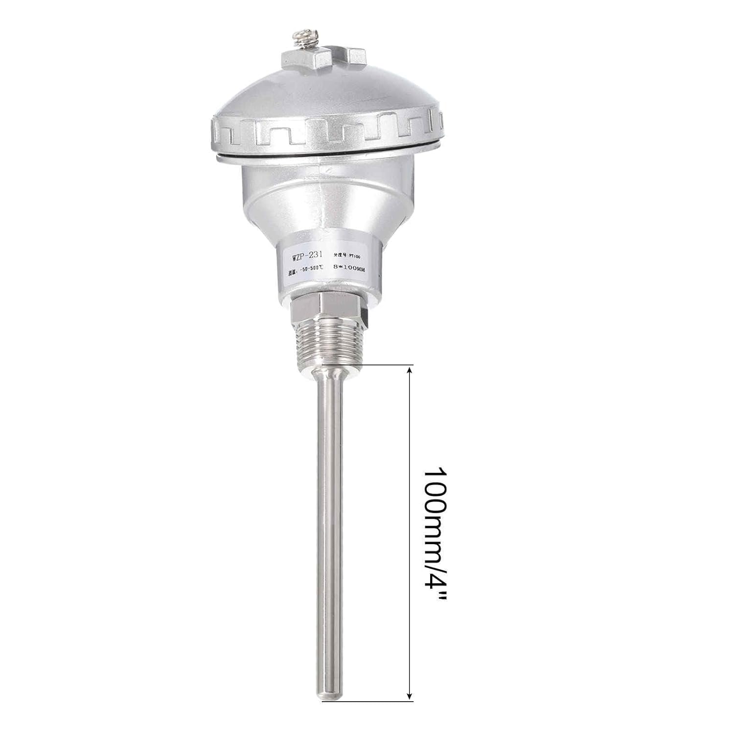 MECCANIXITY PT100 1/2" NPT RTD Thermocouple Stainless Steel Temperature Sensor Probe Terminal Head -50 to 500C, 8x100mm