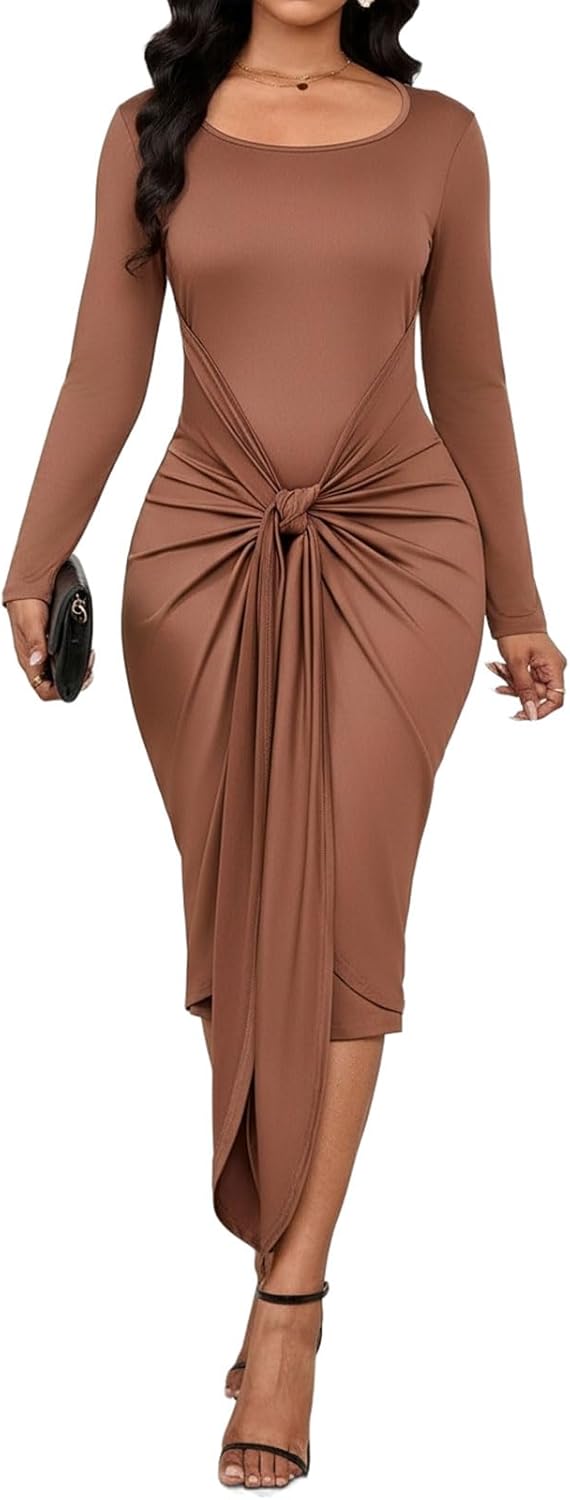 ENOPINK Fall Bodycon Dresses for Women 2026 Spring Long Sleeve Midi Dress Square Neck Party Club Wrap Long Dress