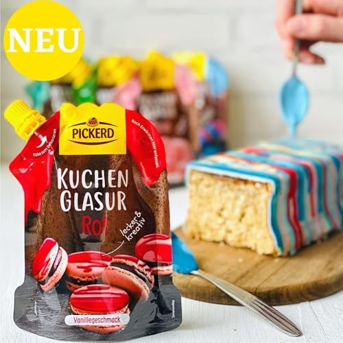 Pickerd Kuchenglasur 3er-Pack Rot, Blau & Grün – je 125 g – Vanille- & Zitronengeschmack – Perfekt zum Dekorieren und Glasieren von Kuchen, Muffins, Torten & Gebäck – Einfach in der Anwendung