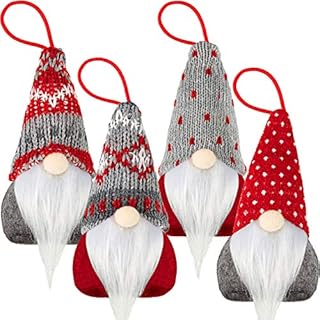 SKYLETY 4 Pieces Christmas Tree Hanging Gnomes Ornaments Handmade Swedish Tomte Gnome Hat Plush Scandinavian Santa Beard Ornaments for Christmas Tree Fireplace Home Decor