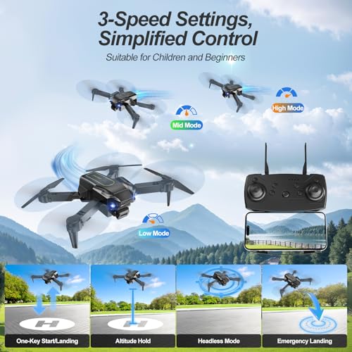 QIDUHUQI 1080P HD Camera Drone with Remote Control, Foldable Drone for Adults and Beginners, Headless Mode, Altitude Hold, One Key Start/Landing, 360° Flips, Speed Adjustment, Real-Time Transmission