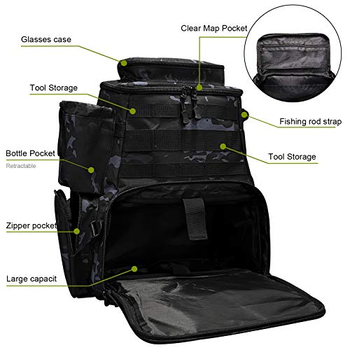 Fishing Tackle Backpack 2 Fishing Rod Holders With 4 Tackle Boxes, Large Storage, Backpack For Trout Fishing Outdoor Sports Camping Hiking (Camo Black With 4 Trays) #TOP2