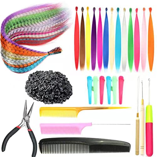 XIAO TAO ZI 13 Pcs Synthetic Rainbow Hair Extensions 13 Pcs Feather Hair Extensions 50 Pcs Silicone Beads 1 Pcs Pliers 3 Pcs Crochet Hooks 6 Pcs Plastic Hair Clips 3 Pcs Combs Hair Tools Kit