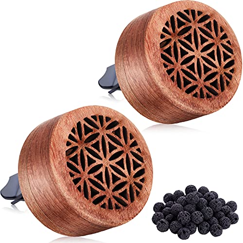 2 Pieces Essential Oil Car Diffuser Wooden Flower Car Diffuser Locket Mini Portable Car Aromatherapy Diffuser Vent Clip with Lava Stones for Car (Cute Style)
