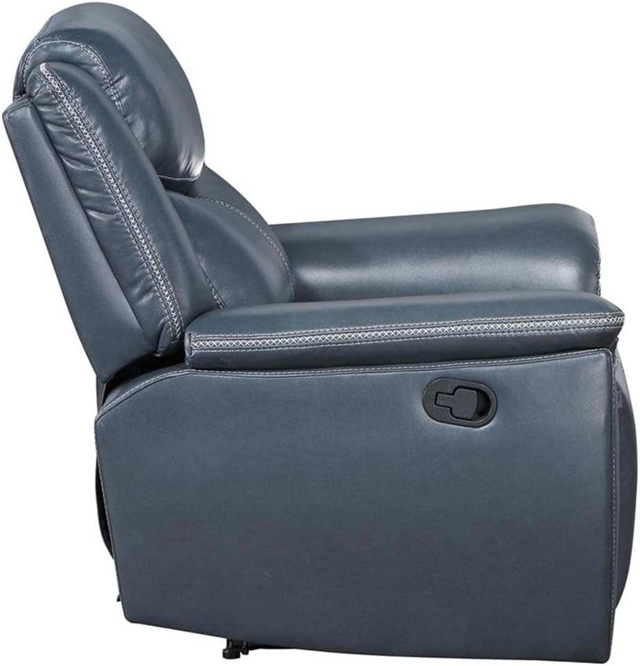 Pemberly Row Faux Leather Upholstered Motion Recliner Chair, Blue, Manual Recline, Wall Hugger Design, Pocket Coil Spring Seat, 40.25" H x 55" W x 39.25" D, Comfortable Foam Cushions for Living Room