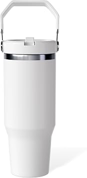 30oz Sublimation Blank Flip Straw Tumbler with Handle,white 1pcs | Twist On Lid and Flip Up Straw,Leak Resistant Stainless Steel Water Bottle for Home, Office, Car, Outdoors, Sports,BPA-Free