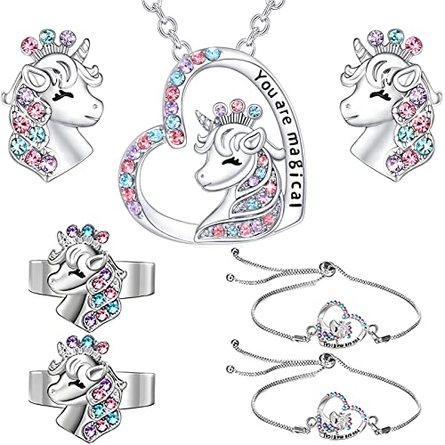 SUNJING Schmuckset MäDchen Einhorn Kette 4-Teiliges Set Einhorn Halskette AnhäNger Gravur Rainbow Pendant Ohrringe Armband Schmuck AnhäNger Einhornketten Damen Kette Cover
