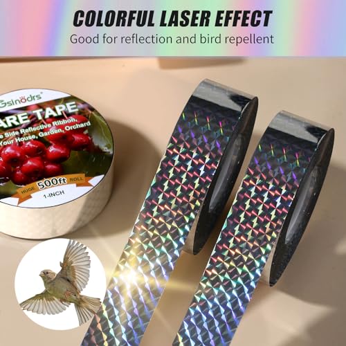 GSINODRS Double Bird Scare Tape Ribbon, Side Reflective Ribbon to Birds from Hitting Windowws and Protect Your House, Garden, Orchard (Silver, 1in * 500FT *2) - No Adhesive, Easy Tie-On Installation — view 4