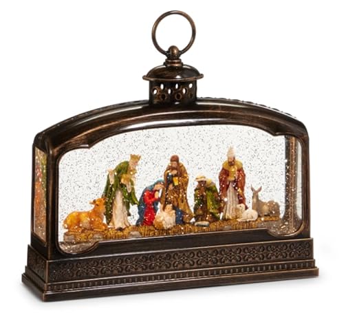 11.5” Nativity Lighted Water Terrarium – Christmas Glitter Lantern with Continuous Swirling Glitter, 6-Hour Timer, Battery or USB Powered Holiday Decoration