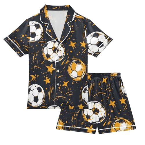 ALAZA Soccer Star Watercolor Satin Pajamas Set Short Sleeve Button Down Sleepwear Summer Pjs 2 Piece
