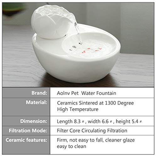Aolnv Lotus Cat Water Fountain Ceramic, 1.5L Pet Fountain Dog Water Dispenser, Indoor Automatic Drinking Water Container, Cat Drinking Fountains for Cats, Small Dogs (White)