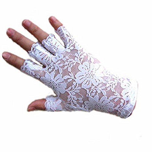 DreamHigh Women Wrist Length Lace Half Finger Gloves (White)