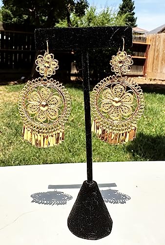 Folklorico Dance Traditional Mexican Gold Filigree Earrings, Full Flower Earrings, Day of the Dead3