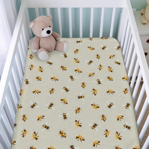 Image of Vintage Bees Crib Sheets for Girl Boy 52 inchx28 inch Sweet Bee Soft Breathable Crib Mattress Covers Honey Bees Baby Sheets for Standard Crib and Toddler Mattress Pads Spring Garden Fitted Bed Sheets