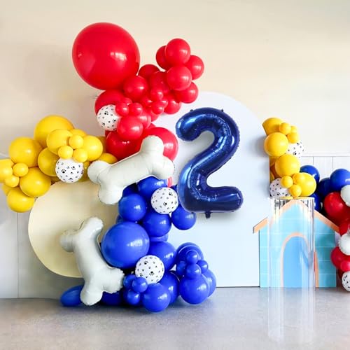 Image of 2nd Birthday Decorations for Boy, Dog Paw Second Birthday Balloons Arch with Red Blue Yellow Latex Balloons and Number 2 Balloon Star Foil Balloon for Paw Party Supplies