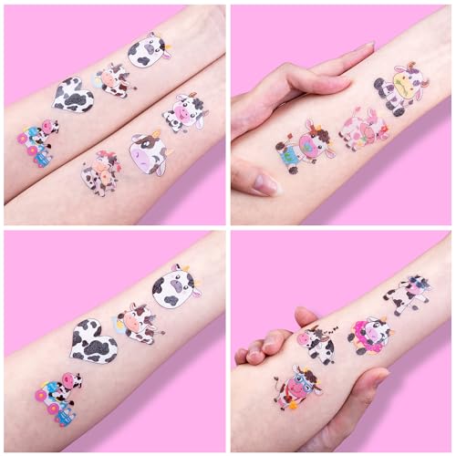 Image of 96 PCS Cow Pre-Cut Temporary Tattoos for Kids | | Cute Farm Animal Themed Birthday Party Favors, Supplies, Decorations, Fake Tattoo Stickers, Rewards & Gifts Boys & Girls