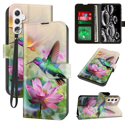 ACWDMKH for Samsung Galaxy A26 5G Phone Case with Card Holder & Kickstand & Wrist Strap Wallet Flip Folio Leather Magnetic Protective Cover Shockproof Case for Galaxy A26 5G,Hummingbird Lotus