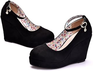 Women's Mary Jane Wedge Solid Buckle Evening Dress Round Toe Platform Lolita Shoes Cross Shoes 4 Inch Heel Height Pumps