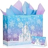 woric Large Frozen Gift Bag with Tissue Paper & Greeting Card, 14.6' Blue and Purple Castle Gift Bags Frozen Party Bags for Girls Kids Valentine's Day Birthday Winter