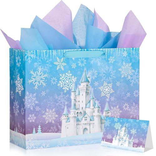 woric Large Frozen Gift Bag with Tissue Paper & Greeting Card 14.6 Blue and Purple Castle Gift Bags Frozen Party Bags for Girls Kids Birthday Winter